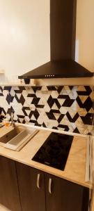 a kitchen with a counter with a sink and a stove at JACUZZI BELLE VIEW SINAIA in Sinaia