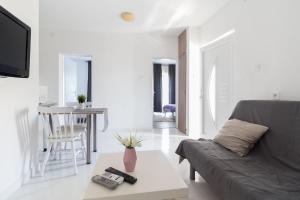 Wohnung in Privlaka mit Terrasse, Grill und Garten في بريفلاكا: غرفة معيشة مع أريكة وطاولة
