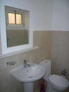 a bathroom with a sink and a toilet and a mirror at Private surf house & garden, v near beach & town in Santa Maria