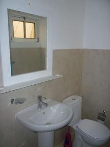 a bathroom with a sink and a toilet and a mirror at Private surf house & garden, v near beach & town in Santa Maria