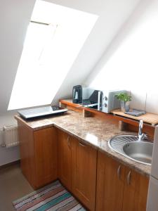 a kitchen with a sink and a counter top at Leśniczówka Zawilec in Budry