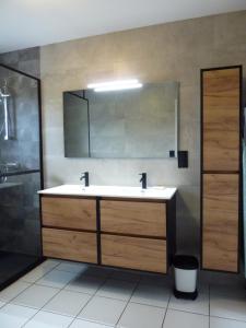 een badkamer met een wastafel en een spiegel bij maison pluvigner in Pluvigner