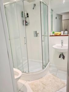 a bathroom with a shower and a toilet and a sink at North Greenwhich Homestay in London