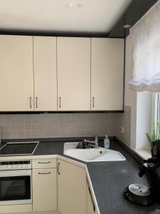 uma cozinha com armários brancos e um lavatório em moderne 2-Zimmer Wohnung in Rastatt em Rastatt