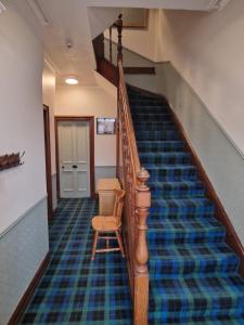 a staircase with a chair and a blue carpet at Carradale Guest House in Lerwick