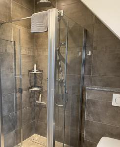 La salle de bains est pourvue d'une douche avec une porte en verre. dans l'établissement Ferienwohnung II, à Schnelldorf