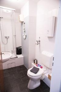 a white bathroom with a toilet and a sink at Industrial Charm Loft in Düren - Eifel