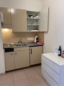 a small kitchen with white cabinets and a sink at Villa del Sole Garni in Ponte Tresa