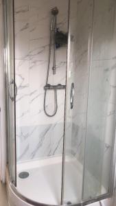 W łazience znajduje się prysznic ze szklanymi drzwiami. w obiekcie London Homestay with big double room w Londynie