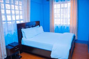um quarto azul com uma cama num quarto com janelas em Kisumu Cozy Apartments em Kisumu
