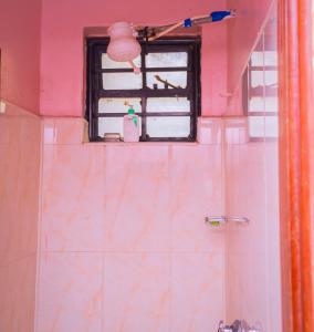 uma casa de banho rosa com uma janela e um lavatório em Kisumu Cozy Apartments em Kisumu