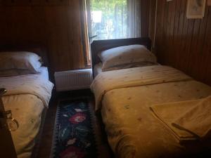 2 camas individuales en una habitación con ventana en Guest House Rilindja Valbone en Valbonë
