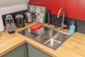 a kitchen counter with a sink and a kitchen appliance at New, quiet apartment close to Basel in Saint-Louis +36 photos