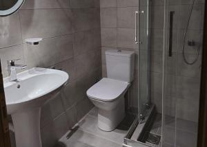 a bathroom with a toilet and a sink and a shower at Hotel Calisto in Leptokarya
