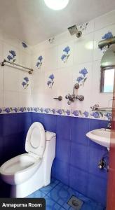 a blue and white bathroom with a toilet and a sink at Annapurna Guest House and Rooftop Restaurant in Bhaktapur
