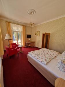 a bedroom with a bed and a red carpet at Pension Villa Anna in Bad Schandau