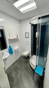 uma casa de banho com um chuveiro, um WC e um lavatório. em Hafnarstræti Hostel em Akureyri