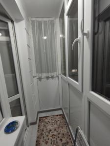 baño pequeño con ducha y lavamanos en Balti Apartment, en Bălţi