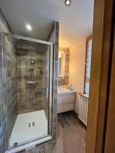 W łazience znajduje się prysznic i umywalka. w obiekcie Gîte De Chevreuse w mieście Chevreuse