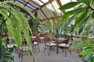 a conservatory with tables and chairs and plants at Neptun Hotel in Saint Petersburg