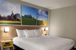 Cama en habitación de hotel con pinturas en la pared en Days Inn by Wyndham Davenport, en Davenport