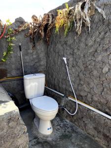 a white toilet sitting in a stone wall at Di Kubu YR in Jembrana