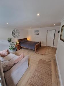 a living room with a bed and a couch at South Road Room in Aberystwyth
