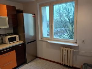 a kitchen with a refrigerator and a window at Apartament Sol in Radom