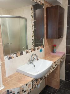 a bathroom with a sink and a mirror at Apartament Sol in Radom