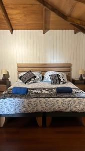 Cabañas Mahatua في هانجا روا: سرير في غرفة عليها وسادتين