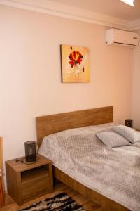 ヘーヴィーズにあるHürkecz Apartmanházのベッドルーム1室(ベッド1台付)が備わります。壁に絵が飾られています。
