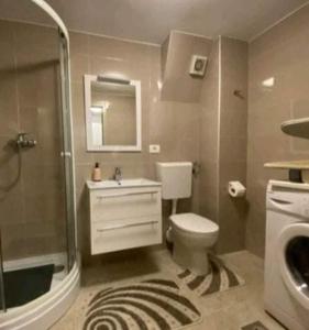 La salle de bains est pourvue de toilettes, d'une douche et d'un lavabo. dans l'établissement Green Place Portoroz RC, à Portorož