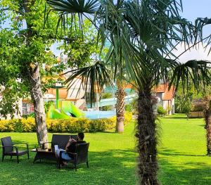 a man sitting on a chair under a palm tree at Sapanca Aqua Wellness Spa Hotel in Sapanca +145 photos