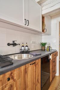 a kitchen with a sink and wooden cabinets at Warm & Friendly Apartment II. in Budapest