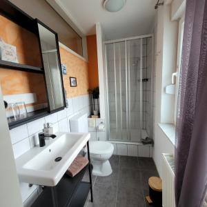 een badkamer met een wastafel en een toilet bij Gästehaus Dahmen in Stolberg
