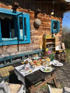 a picnic table with plates of food on it at Big family Apartment in Breb's Cosy Barn in Breb