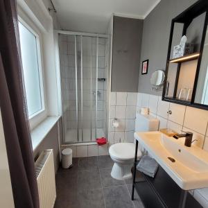 een badkamer met een douche, een toilet en een wastafel bij Gästehaus Dahmen in Stolberg