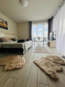 a bedroom with two beds and a table with a television at Apartament 25 Czarna Góra nr 5 Ischgl in Sienna