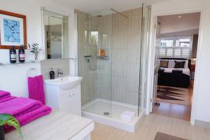 een badkamer met een douche en een wastafel bij Rye Treat in Rye