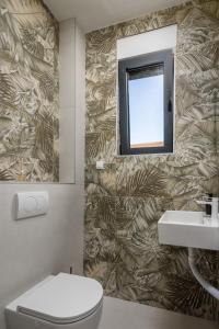 een badkamer met een toilet en een spiegel bij Villa Medellin in Pridraga