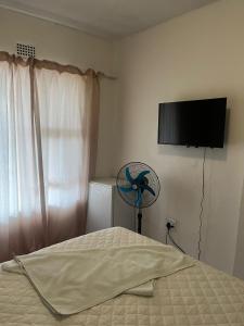 a bedroom with a bed and a fan and a television at Sunset Guesthouse - Mthatha in Mthatha