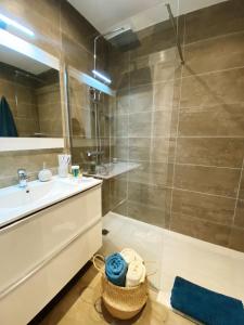 y baño con ducha y lavamanos. en Apartamento en C/ León y Castillo (C/ Real) Centro de Arrecife, en Arrecife