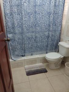 y baño con cortina de ducha azul y aseo. en La famosa costillas a la leña, en Jarabacoa