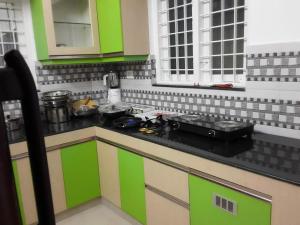a kitchen with green cabinets and a black counter top at Style Homes Grand Park in Elūr