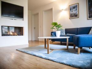 uma sala de estar com um sofá, uma mesa e uma lareira em Large Haussee Modern retreat em Amtshof