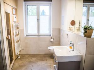 uma casa de banho com um lavatório, um WC e uma janela. em Wide Luzin Modern Retreat em Amtshof