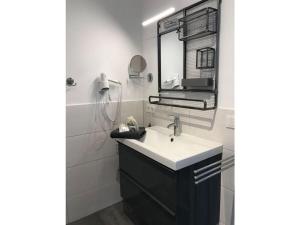 een badkamer met een wastafel en een spiegel bij Bosau in the Sweden House in Bosau