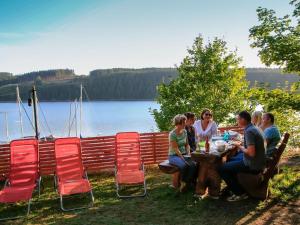 un grupo de personas sentadas en una mesa junto a un lago en Saaleland Apartment 3 en Schleiz