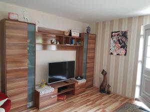 ein Wohnzimmer mit einem Flachbild-TV an der Wand in der Unterkunft A Heyne Modern retreat in Weinböhla