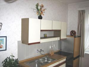 una cocina con armarios blancos y fregadero en Mey Modern retreat, en Meißen